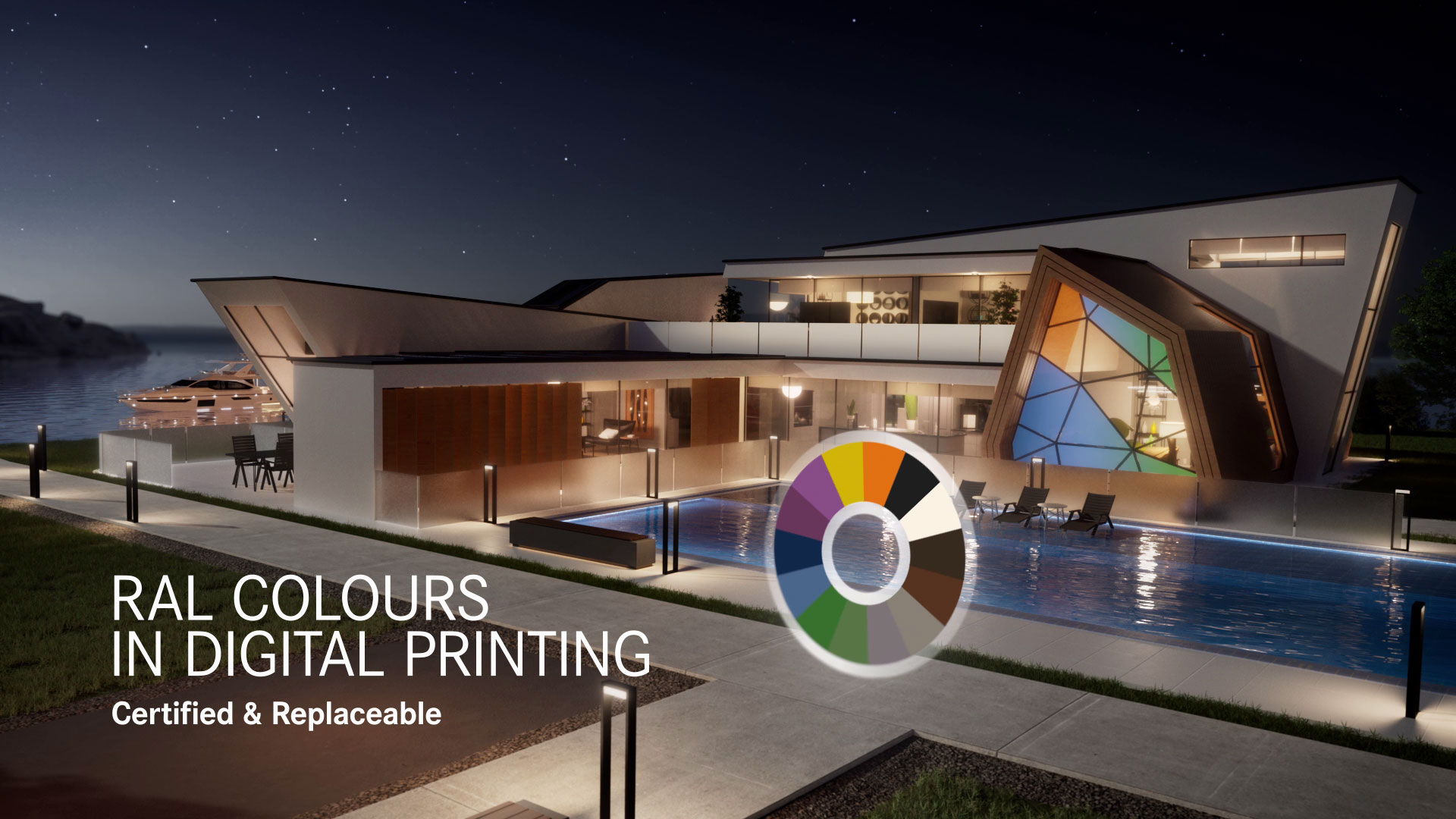 Ein luxuriöses Haus, das mit den Worten "RAL-Farben im Digitaldruck" geschmückt ist.