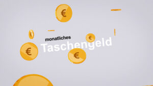 Der Schriftzug "monatliches Taschengeld" umgeben von Münzen, die wie ein Geldregen herabfallen.