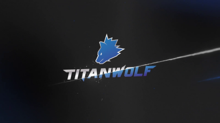 Titan Wolf Logo auf schwarzem Hintergrund. Ein majestätischer Wolf, der Stärke und Kraft symbolisiert.